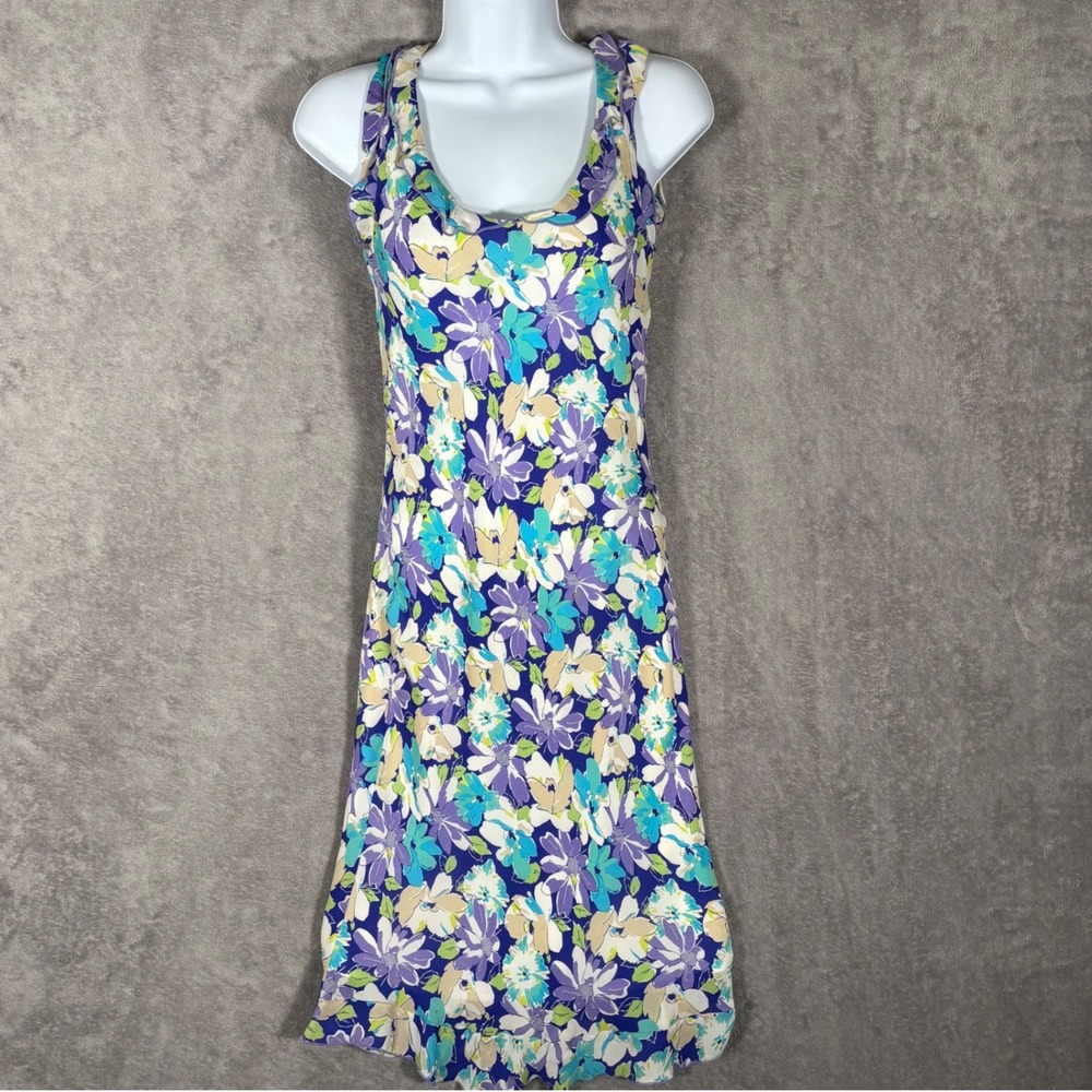 Lapis Vintage 100% Silk Floral Midi Dress Blue Purple Fits XXS XS Fairy Y2K 90s